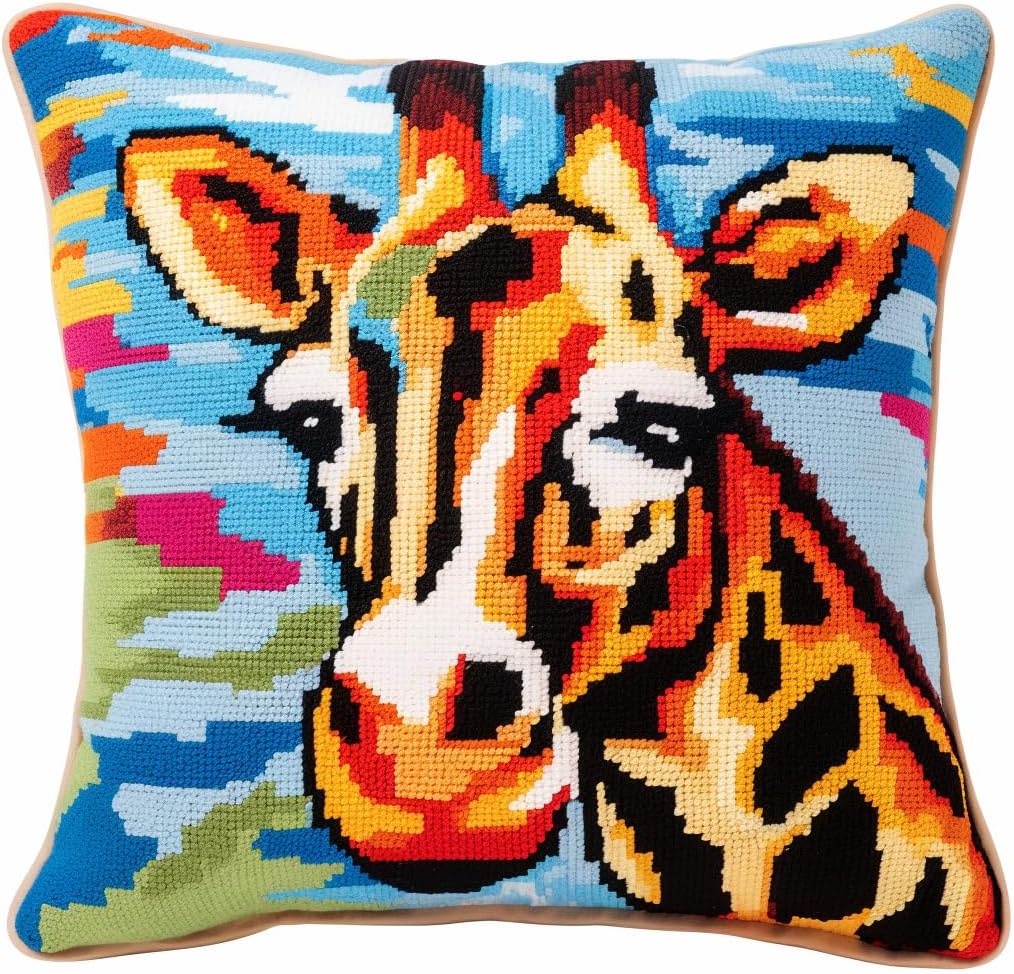 Latch Hook Kits Pillow Cover Cartoon Giraffe Printed Canvas Cushion Crochet Yarn Needlework DIY Hook Latch Kit Embroidery Pillowcase Rug Home Sofa Christmas Decoration 43x43cm(4)