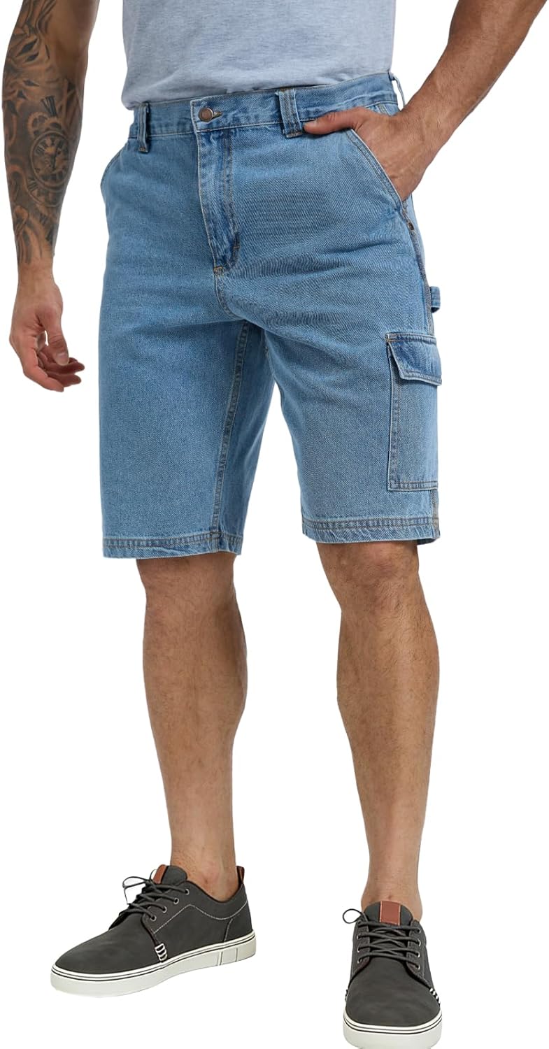 WORK IDEA Men's Cargo Denim Work Shorts, Relaxed Fit, Heavy Duty Cotton, Multiple Pockets and Durable Fabric
