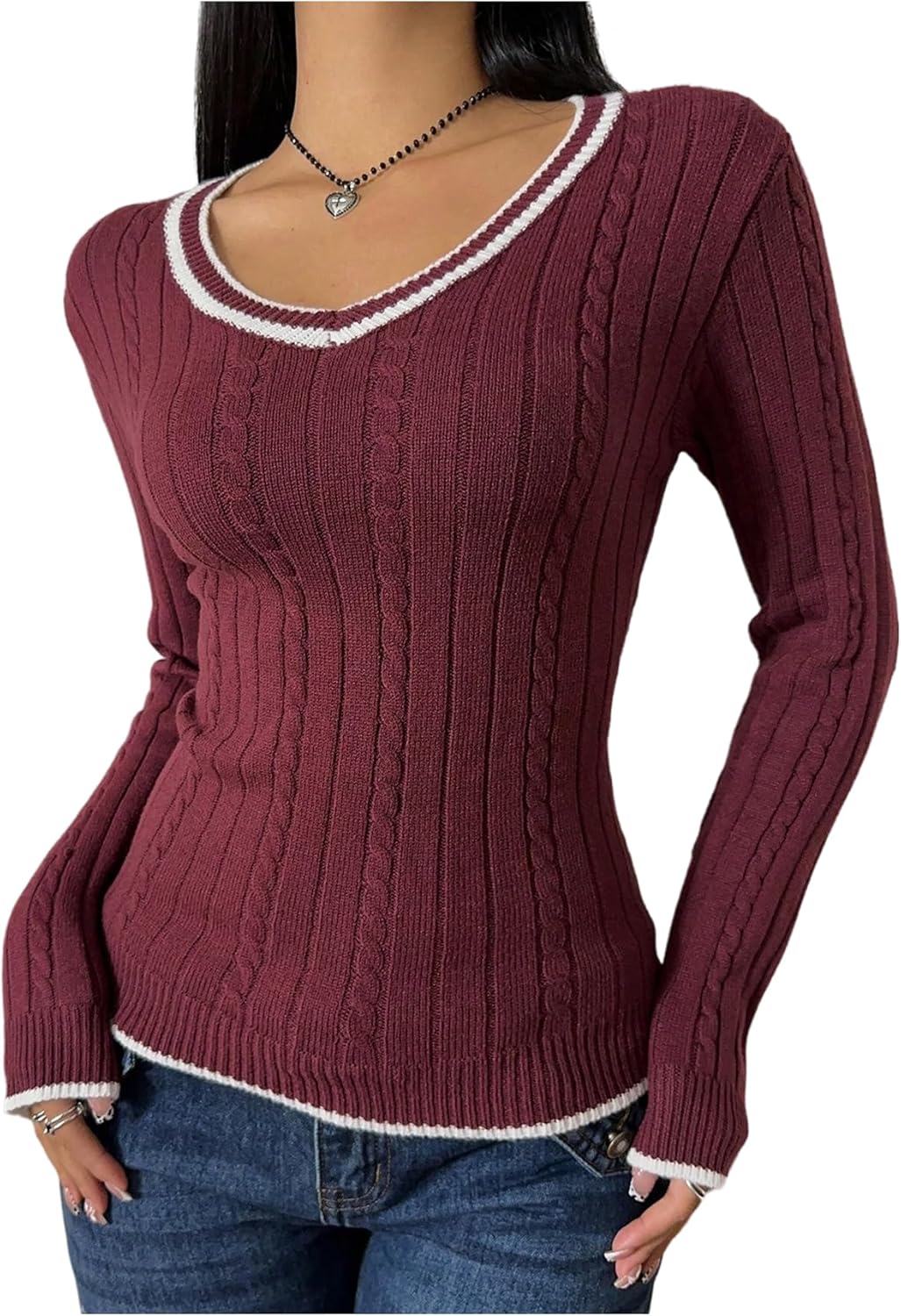 Milumia Women's Cable Knit V Neck Long Sleeve Sweater Casual Fitted Going Out Pullover Tee Tops Streetwear