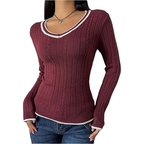 Milumia Women's Cable Knit V Neck Long Sleeve Sweater Casual Fitted Going Out Pullover Tee Tops Streetwear