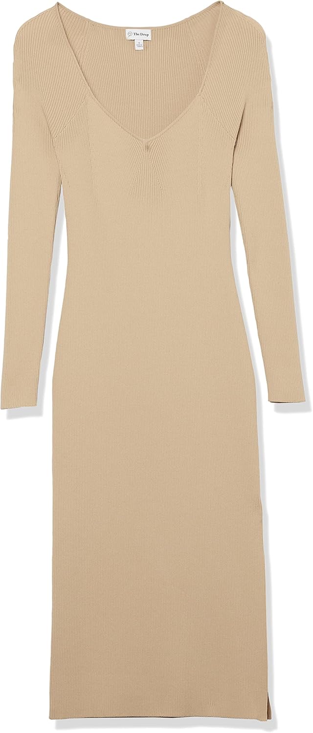 The Drop Womens Cameron Ribbed Sweetheart Neckline Midi Sweater Dress
