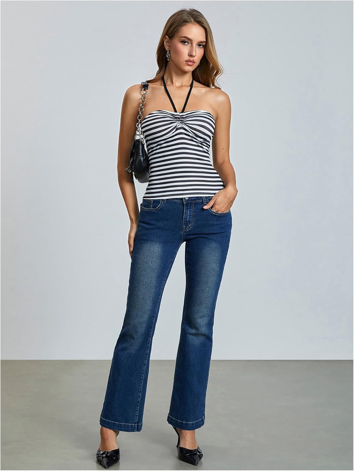 WDIRARA Women's Striped Ruched Halter Top Sleeveless Open Back Camisole Tops - Image 4