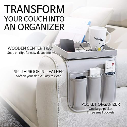 Miniatura 11 de Organizador de sofá con bandeja de madera desmontable para colchones reclinables, reposabrazos de silla con 4 ranuras, 1 bolsillo grande y 3 Negro