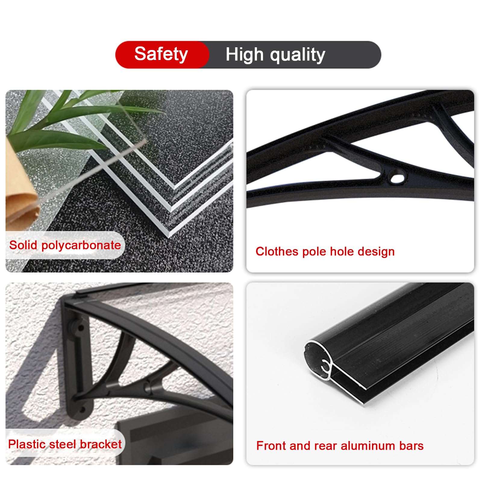 Toldo Exterior para Puertas y Ventanas, Tejadillo de Techo, Protección de Policarbonato, 60/80/100/120/150 Cm de Ancho, Negro y Transparente