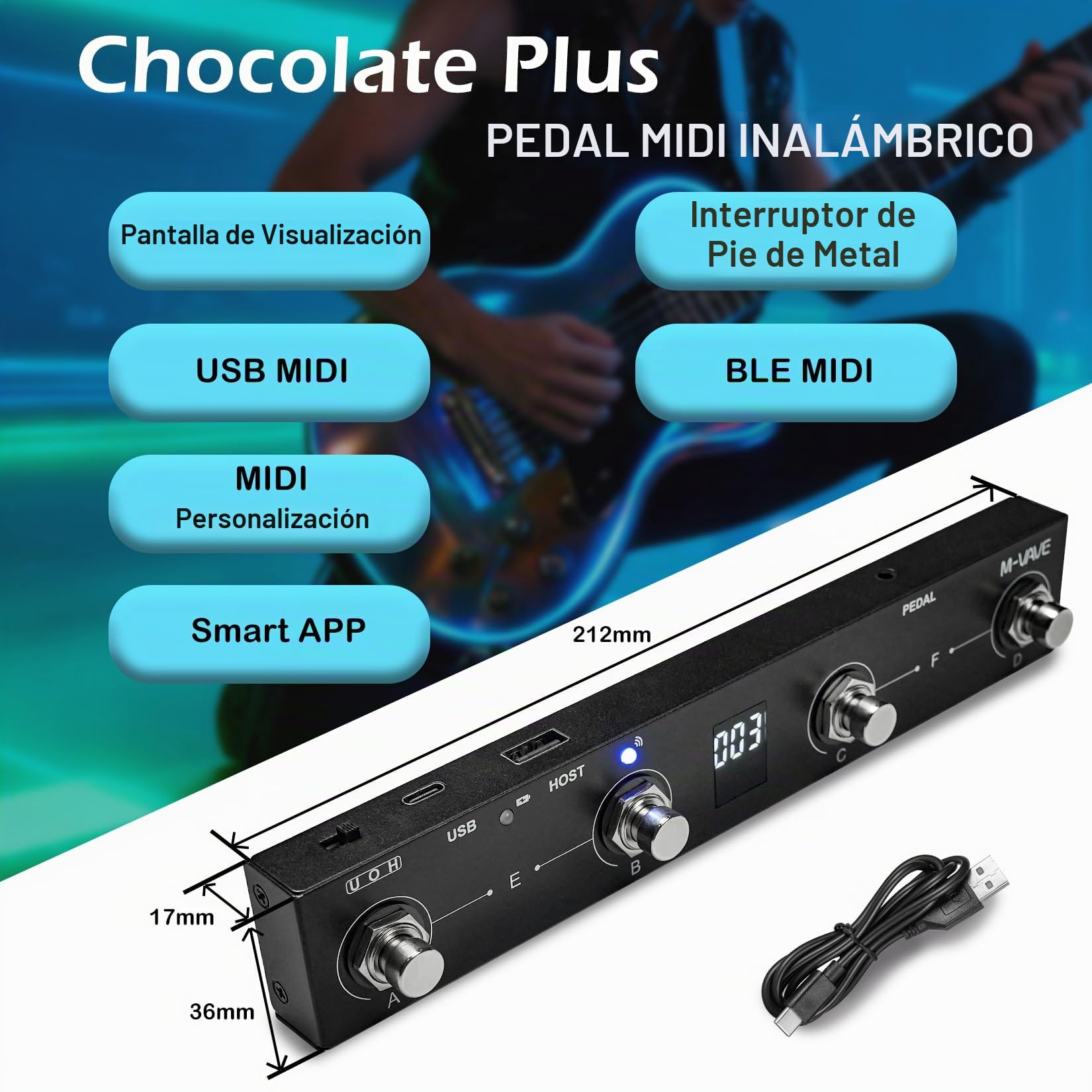 M-VAVE Chocolate Plus - Interruptor de pie inalámbrico MIDI (4 botones, BT, recargable, control por aplicación)