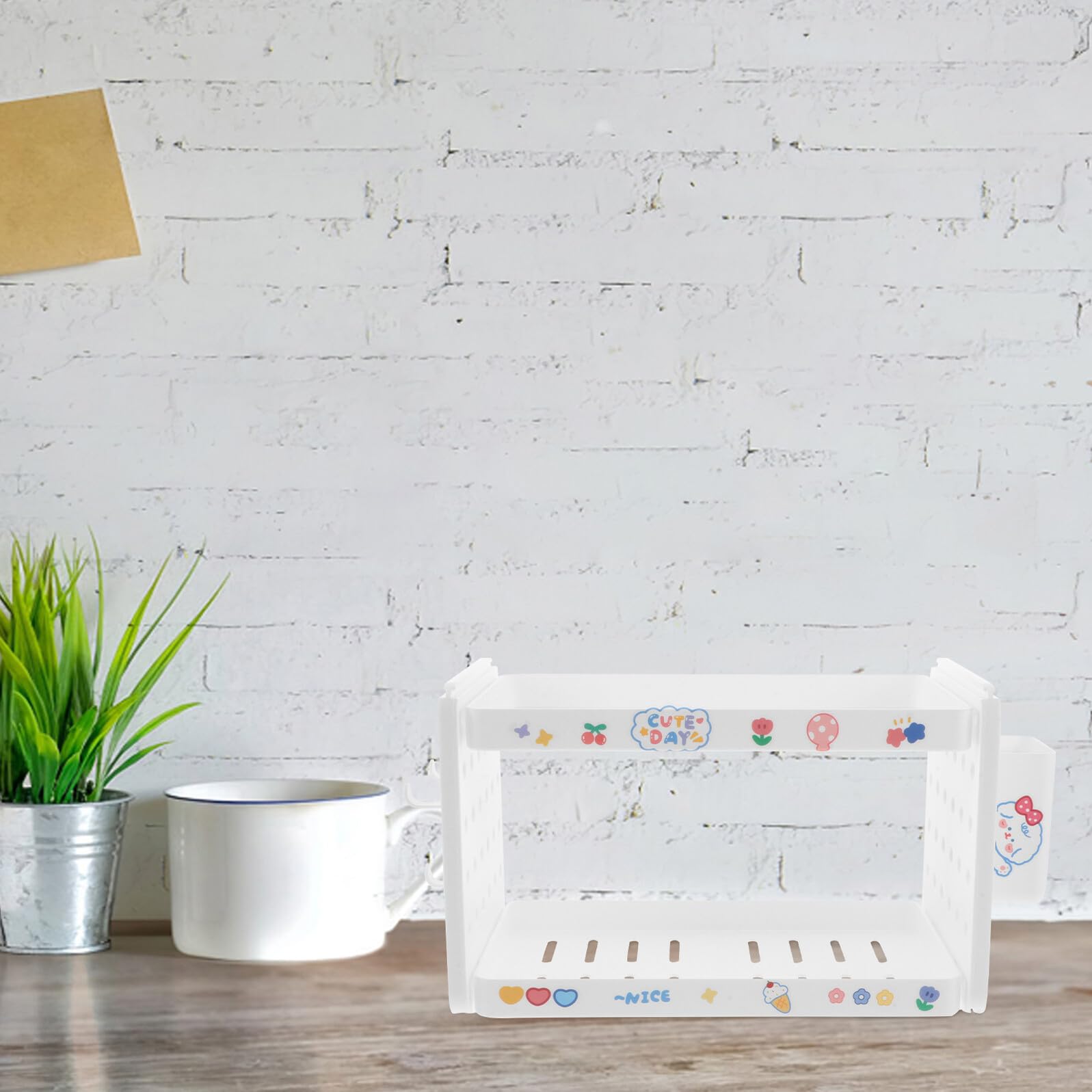 Sosoport Organizador de Escritorio Modular Beige de 2 Niveles Portalápices 3 Ganchos y Compartimentos Organizador Apilable para Material de Oficina y Papelería Adecuado para Oficina y