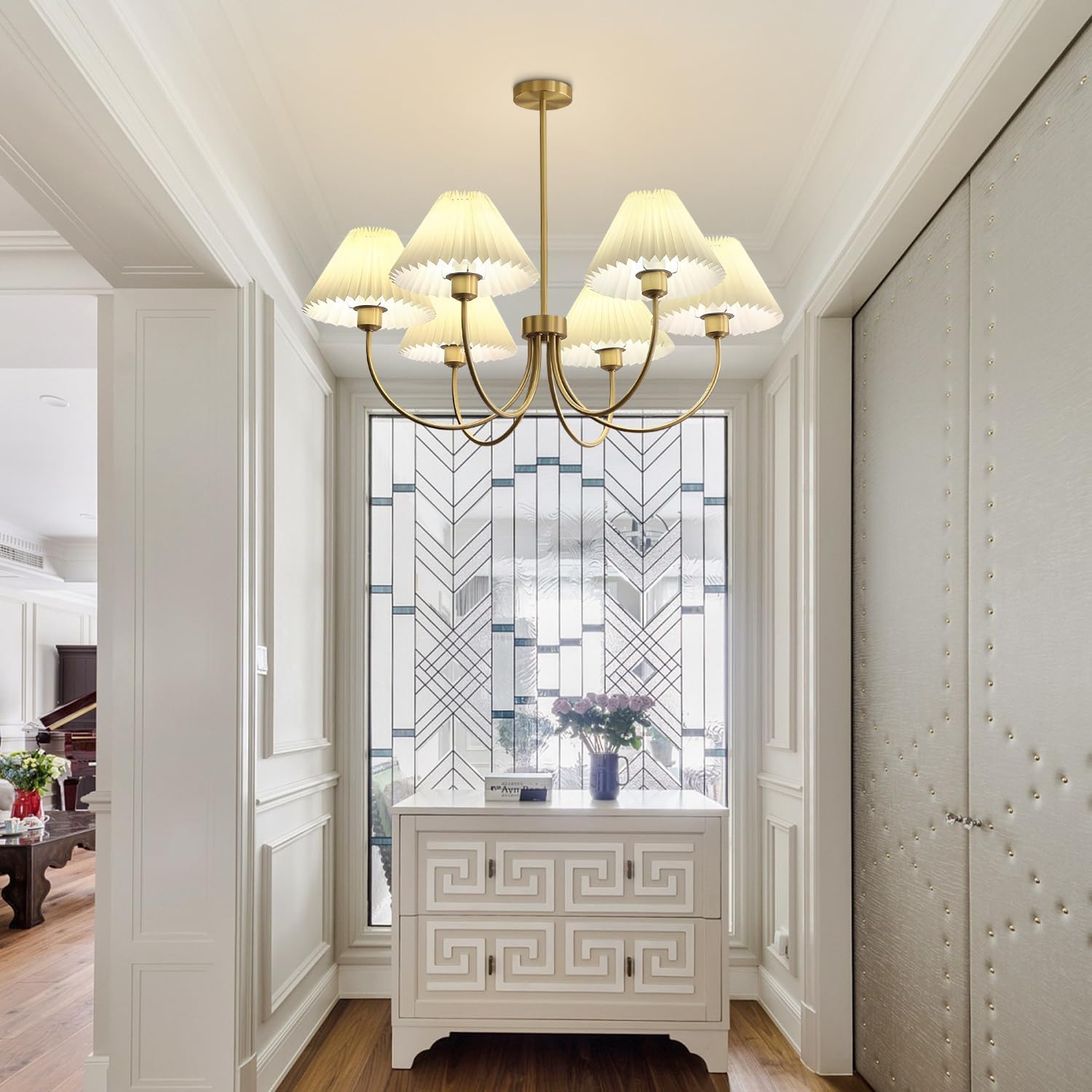 KCO Lighting Kronleuchter Gold 6-Flammig — Pendelleuchte mit Plissierten Stoffschirmen, E27, Höhenverstellbar für Esszimmer & Wohnzimmer