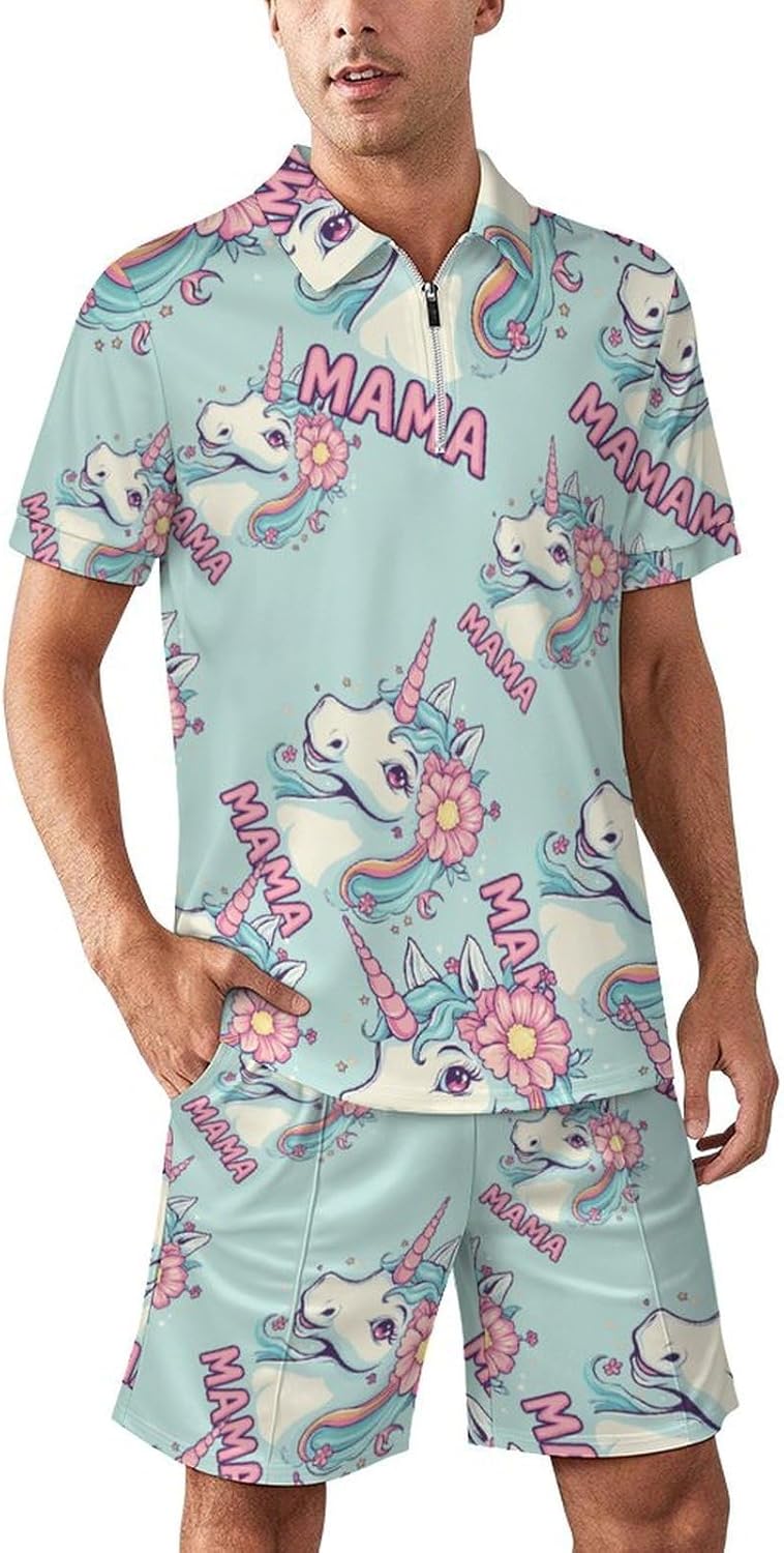 Un-icorn Mama Mens Polo Shirts Track Suits 2 Piece Short Sleeve Sweatsuit 1/4 Zip Golf Loungewear for Sports