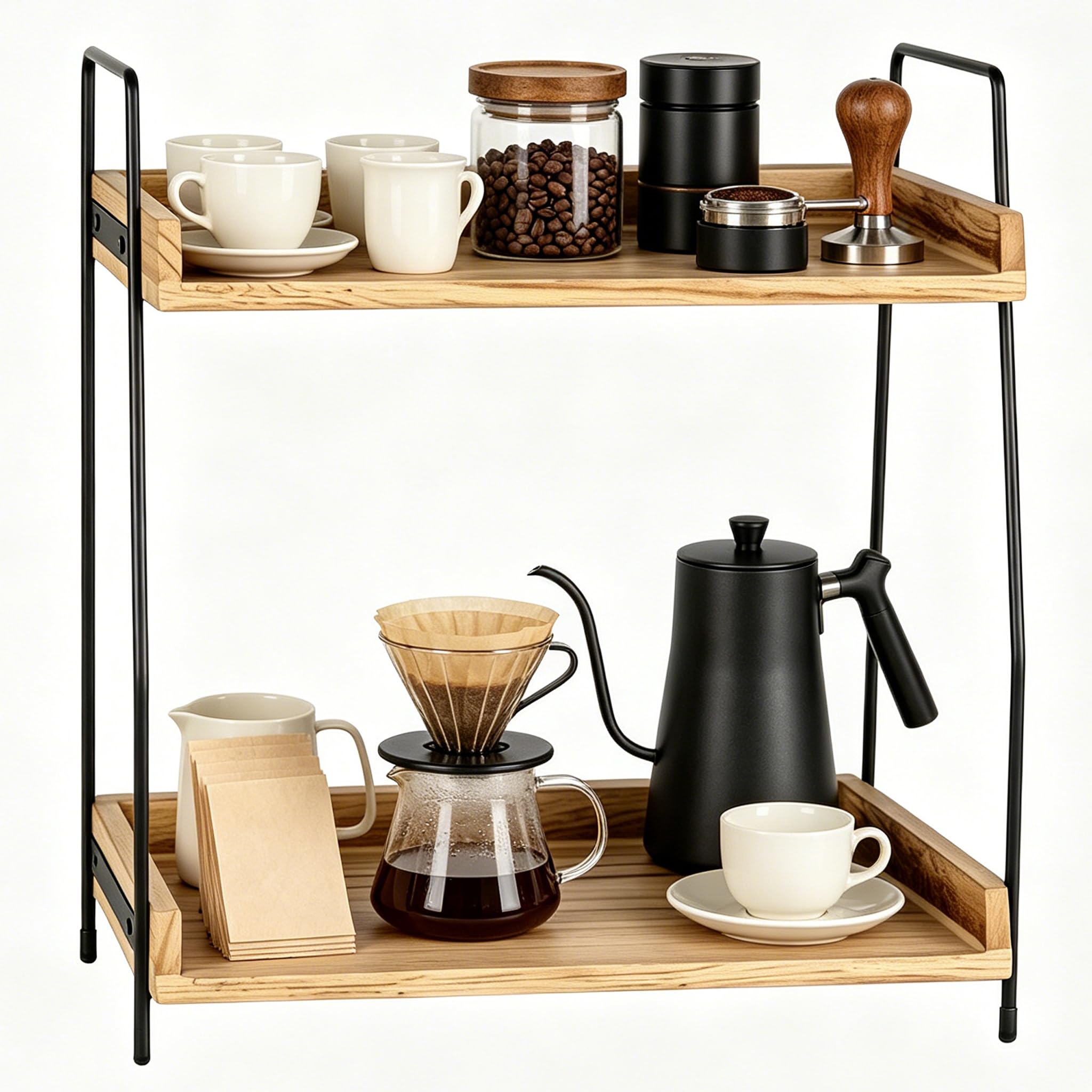 DDUP Coffee Station Organizer, 2-Tier Wooden Countertop Shelf | Sturdy Iron Frame & Easy 5-Min Assembly | Kitchen Storage Organizer for Coffee Bar, Spices, Bathroom & More