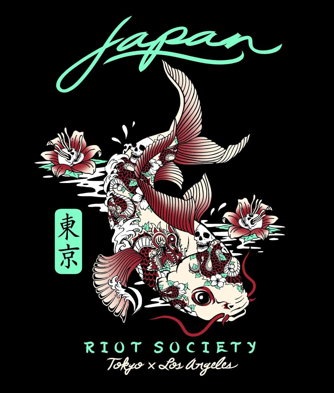 Riot Society Men's Long Sleeve Graphic and Embroidered Fashion T-Shirt Small Japan Koi Tattoo 2.0 (Black)