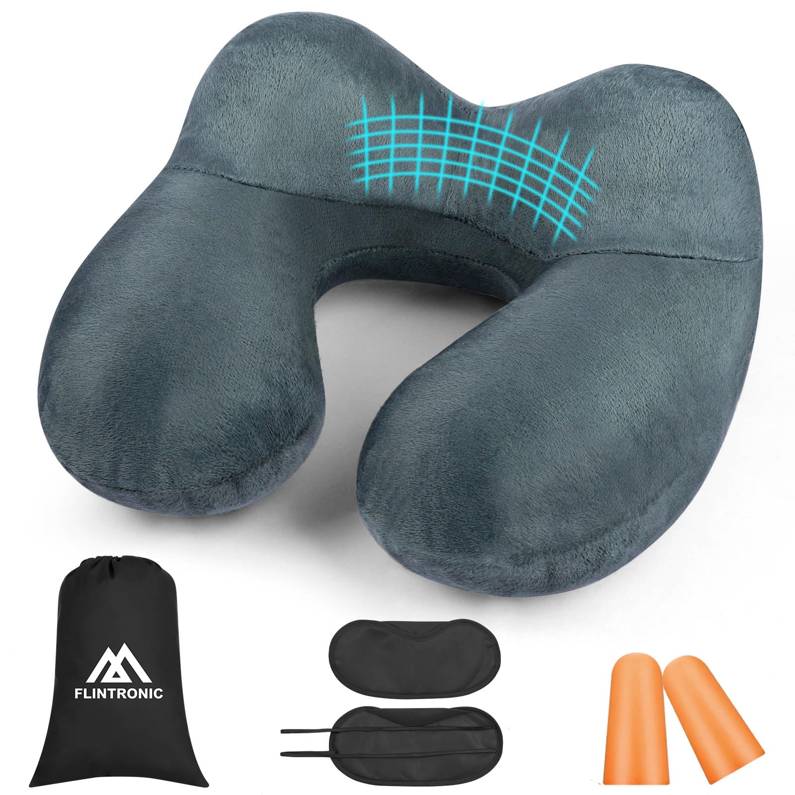 flintronic Nackenkissen Aufblasbar, Aufblasbares Kissen, Nackenhörnchen Egornomische Kopfstütze mit Samtweichem Waschbarem Bezug für Nacken, Kinn, Kopf Stützen, für Camping, Reisen (Dunkelgrau)