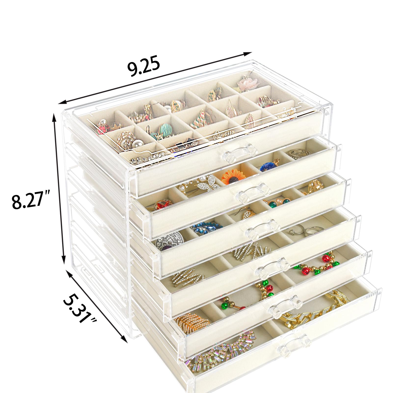Watpot Acryl-Schmuckschatulle mit 6 Schubladen, transparente Ohrring-Aufbewahrungsbox, Vitrine für Damen und Mädchen, Beige