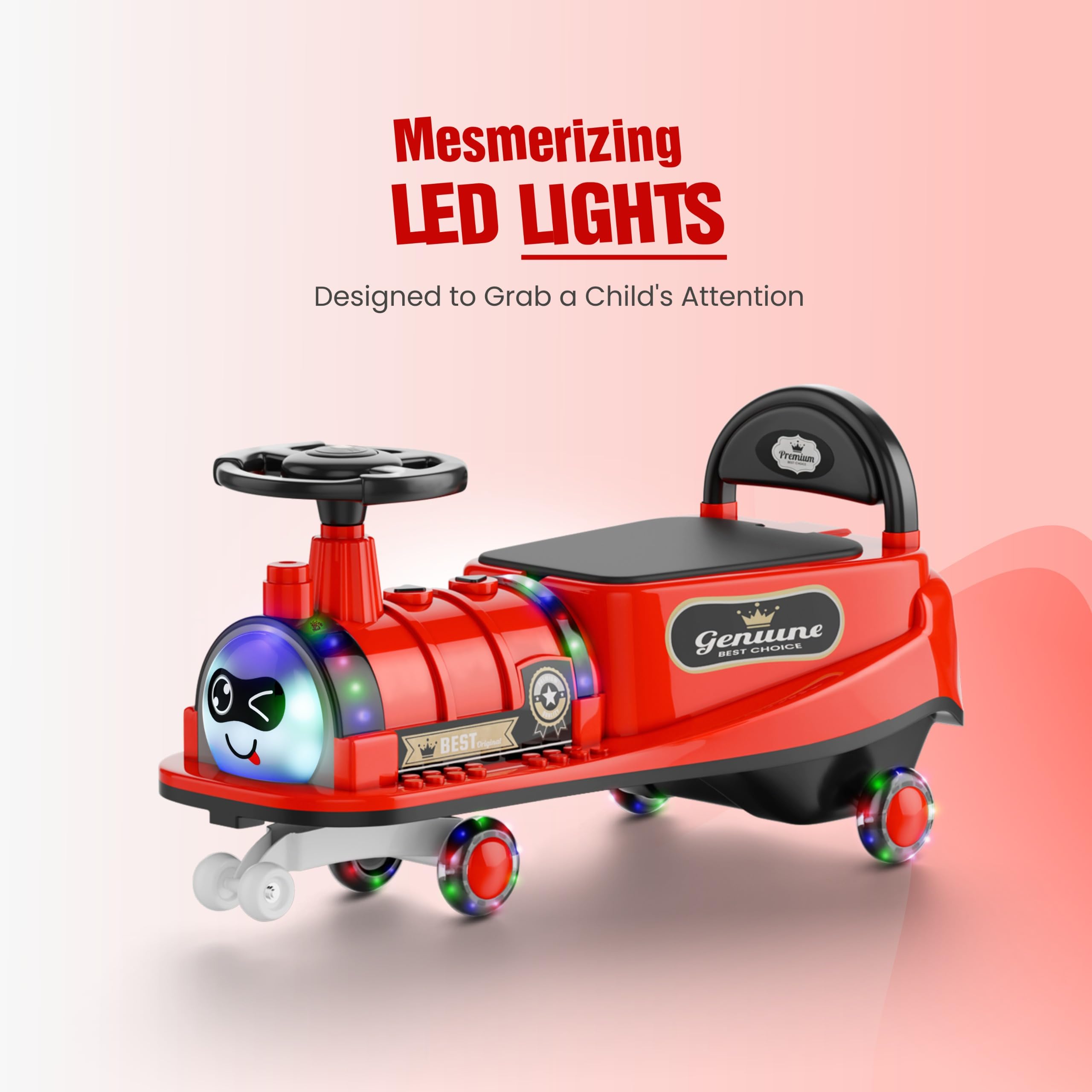 kidsROAR Panda Car for Kids Train Shape - Push Car Magic Swing Fun Musical Rider with Lighting Silicone Wheels, Music, and Lights - Perfect for Ages 1 to 5 Years & Up | 100kg Capacity 8188(RED) - Image 2 thumbnail