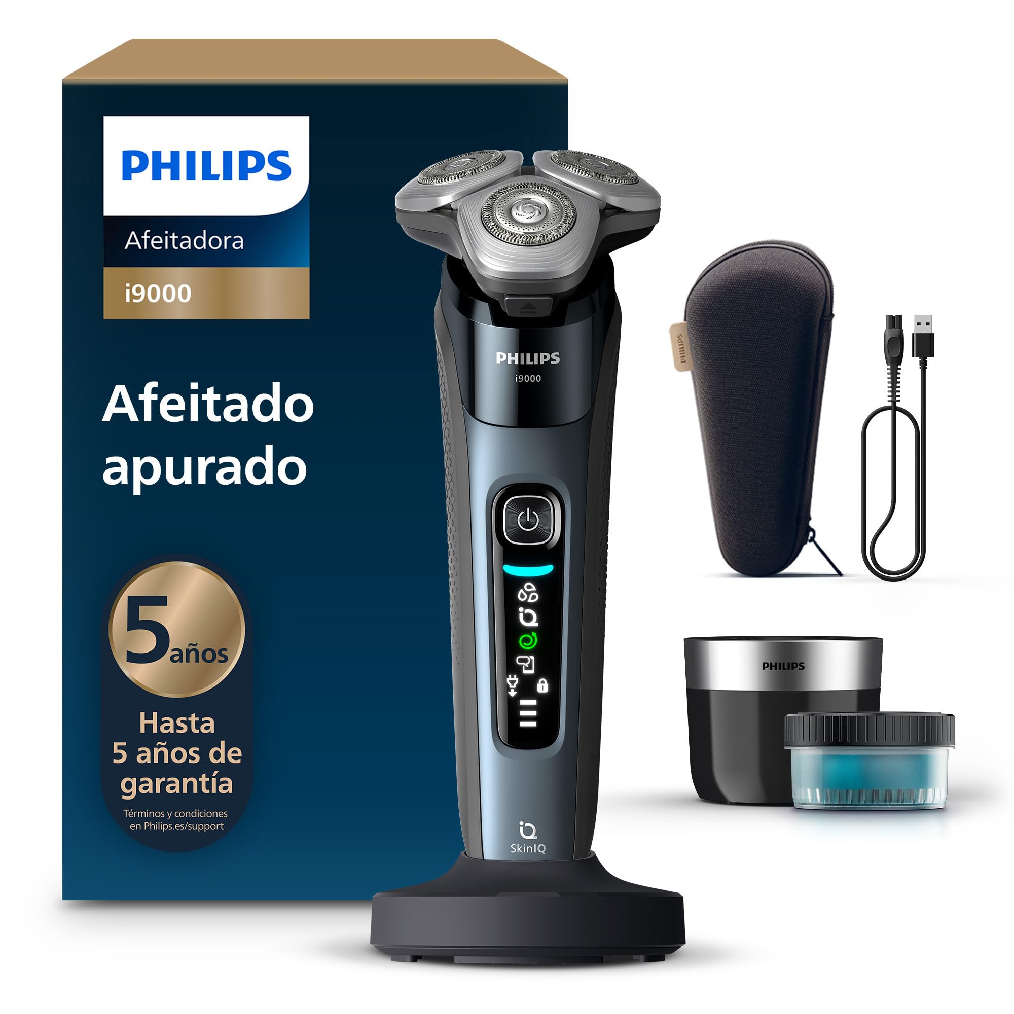 Philips i9000, Afeitadora Eléctrica Hombre, Máquina de Afeitar Barba en Seco y Mojado, Tecnología SkinIQ, Base de Carga, Recargable, Estuche de Viaje, Centro de limpieza, X9001/30