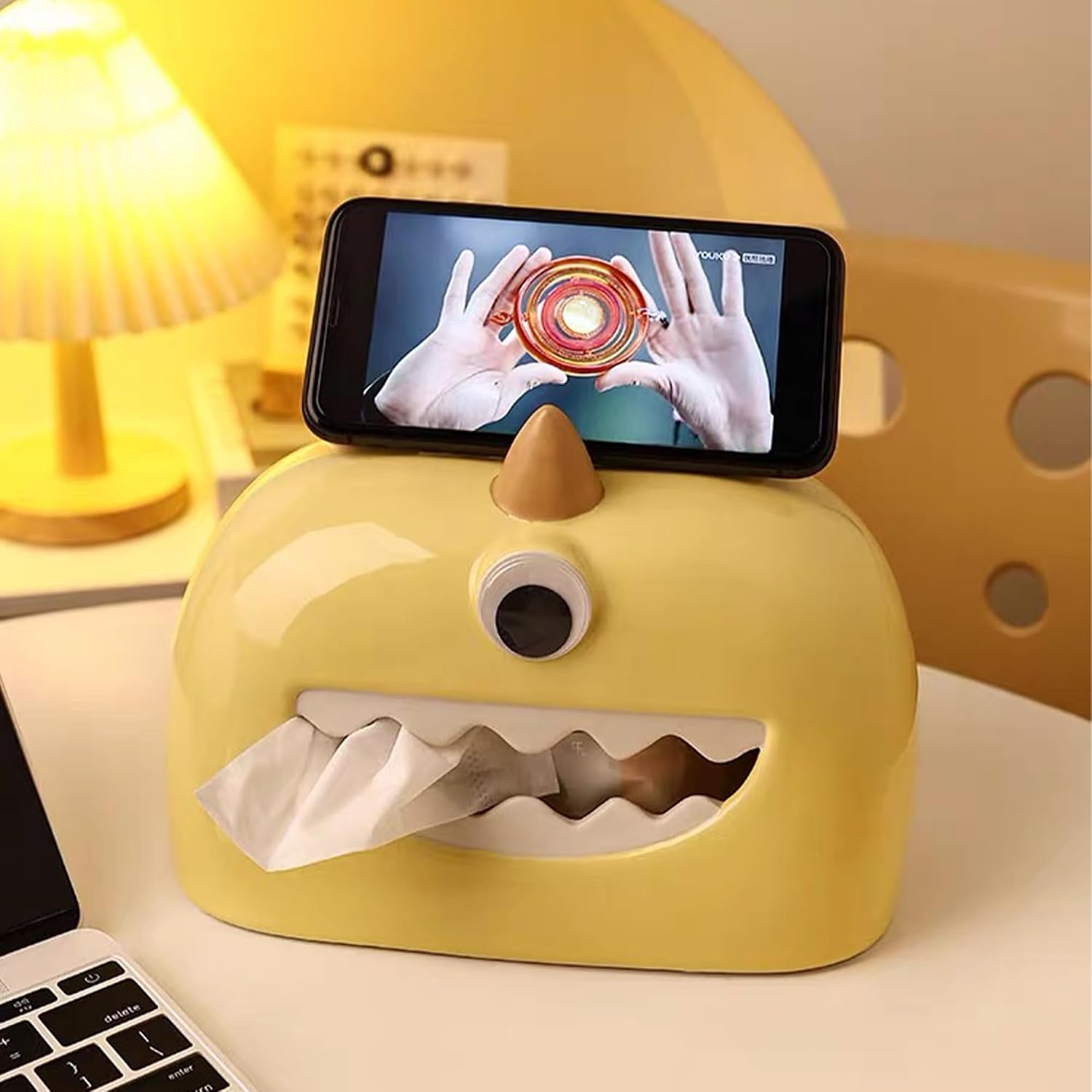 Linxia Little Monster Tissue Box, Egg Yolk Yellow Single-Eyed, Cute Tissue Box Phone Stand, Creative Desktop Shelf Decor for Home and Office