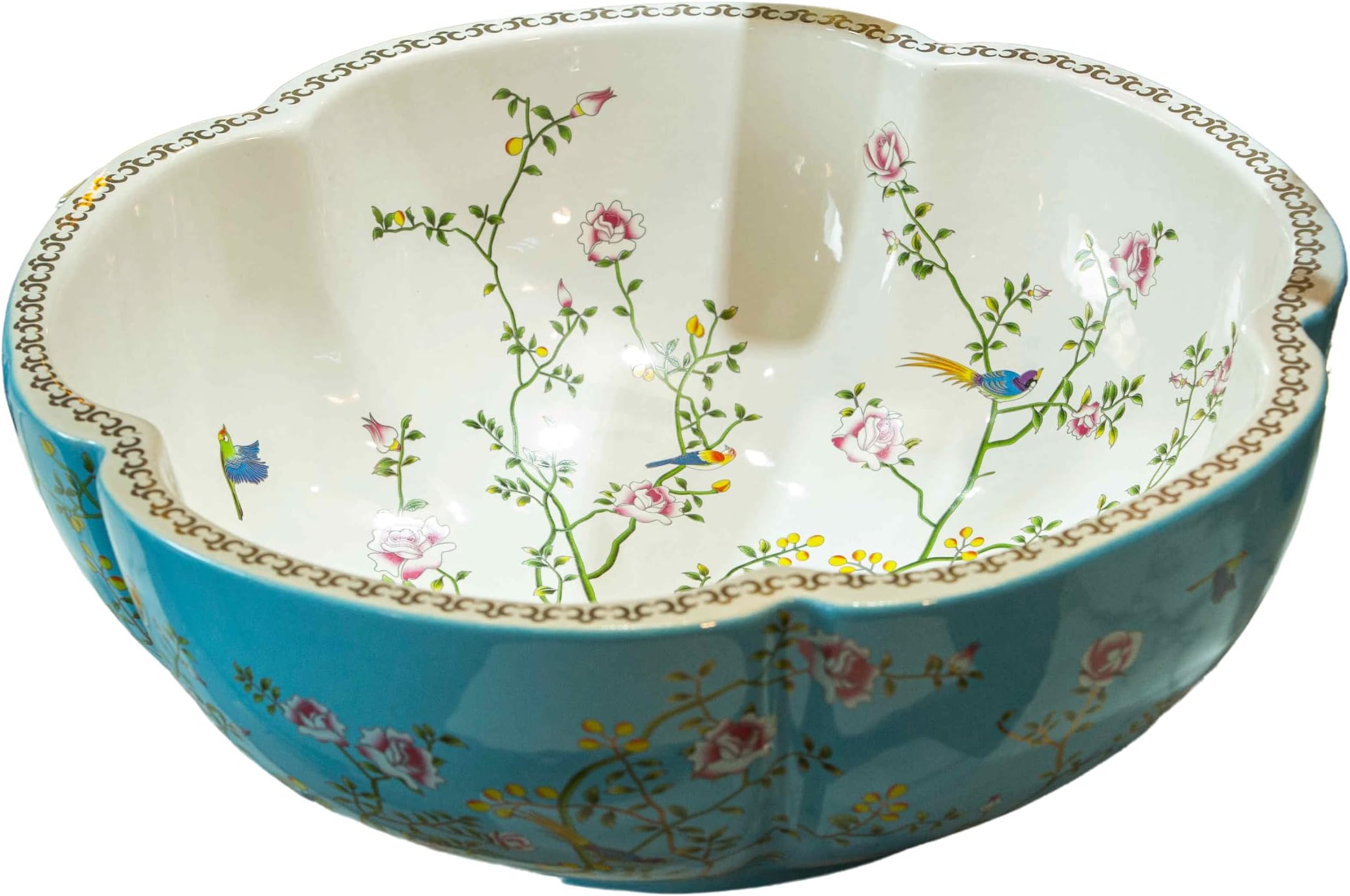 Blue Bathroom Vessel Sinks Ceramic Countertop Jingdezhen Art Flower Shape Wash Basin with Flower and Bird Design,1 Sink Only