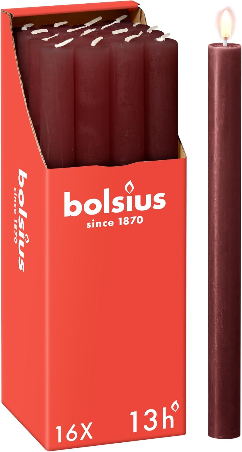 Bolsius Tapered Dinner Pillar Candles - Dark Red - Pack of 16 - Long Burning Time of 13 Hours - Household Candle - Interior Decoration - Unscented - Natural Vegan Wax - 27 x 2.3 cm