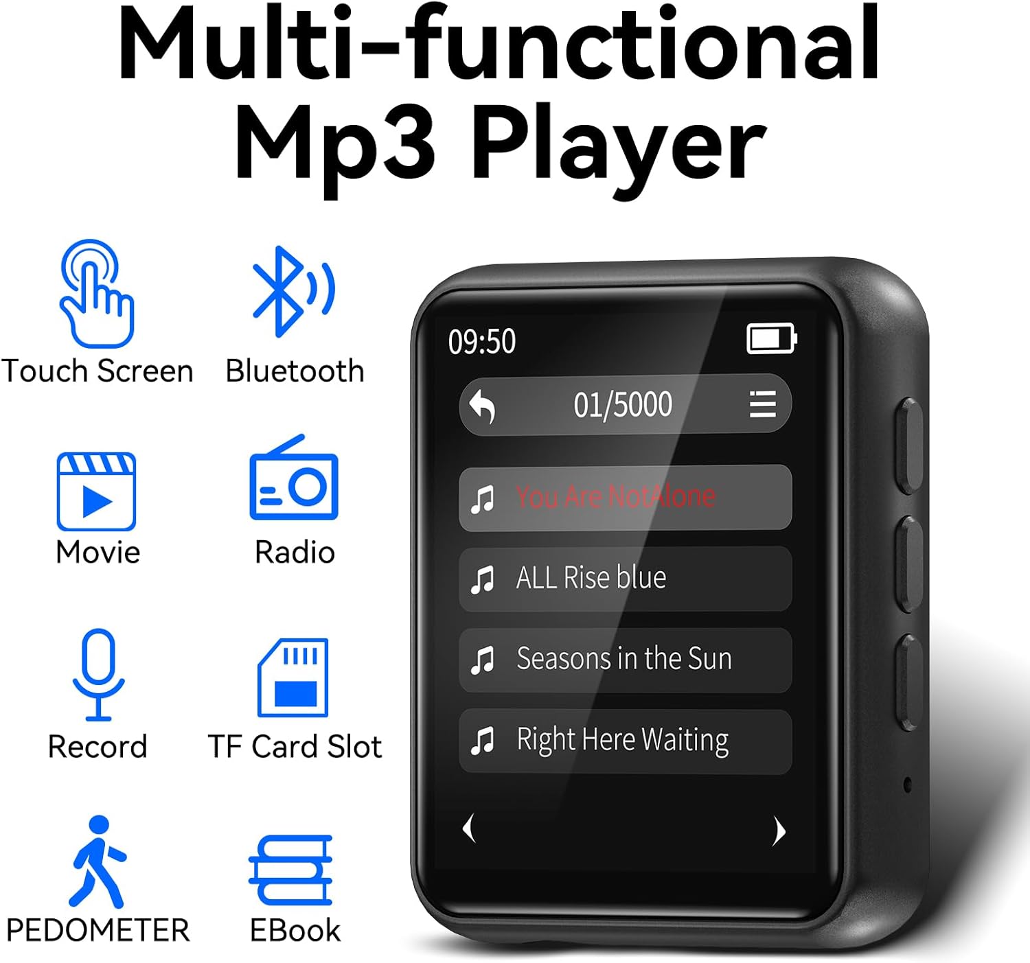 PINHUI MP3 Player displaying the pedometer interface with a step count and a couple running in the background.