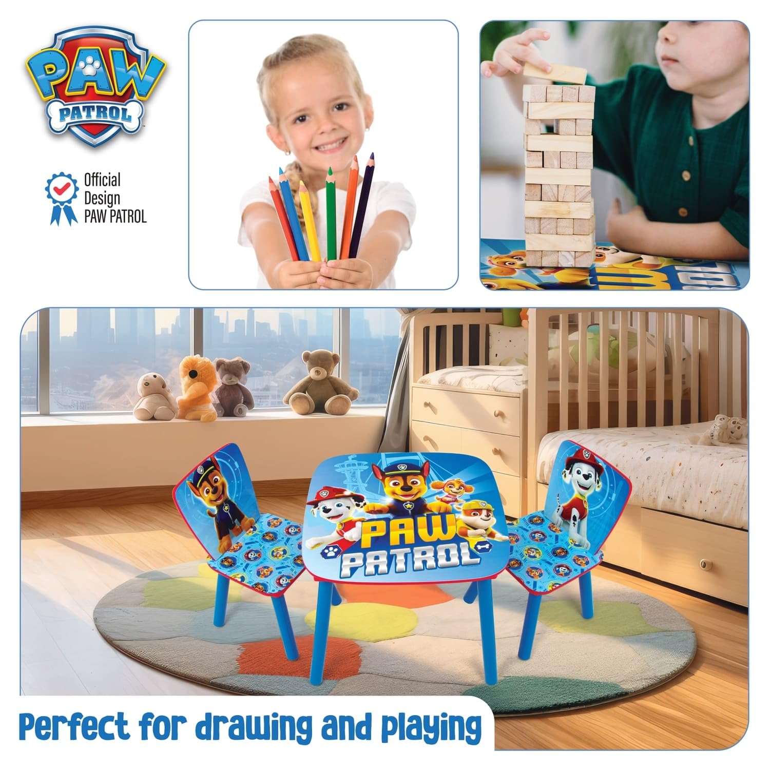 ARDITEX - Ensemble Table et 2 Chaises en Bois pour Enfants Licence Officielle La Pat’ Patrouille - Table 50x50x44 cm/Chaise 26,5x26,5x50 cm - Bleu - Idéal pour Jouer et Dessiner
