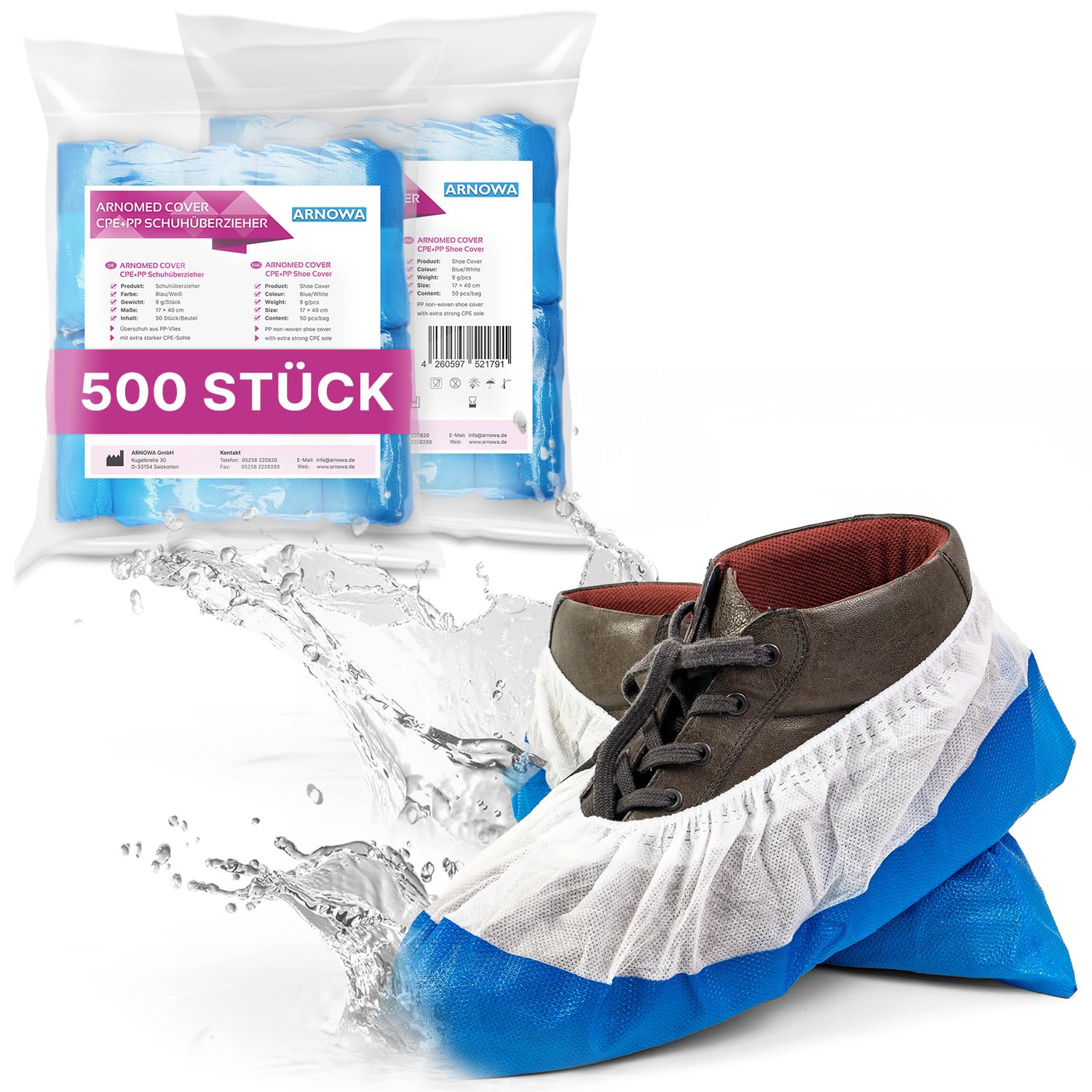 500x ARNOMED® Schuhüberzieher Mehrweg [WASSERDICHT], Galoschen, Schuh Überzieher Mehrweg, Starke Überschuhe Latexfrei, Einheitsgröße Wasser, und Staubdicht, Extra Starkem CPE+PP Material