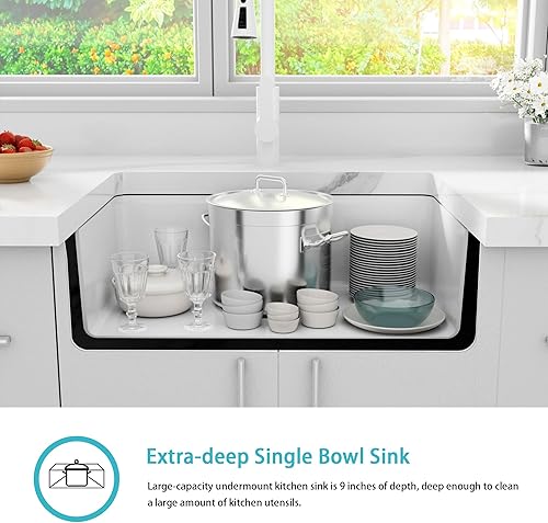 Miniatura 6 de Fregadero de cocina blanco de montaje inferior, fregadero de cocina blanco de 31 pulgadas, fregadero de cocina de 31 × 18 de un solo cuenco,