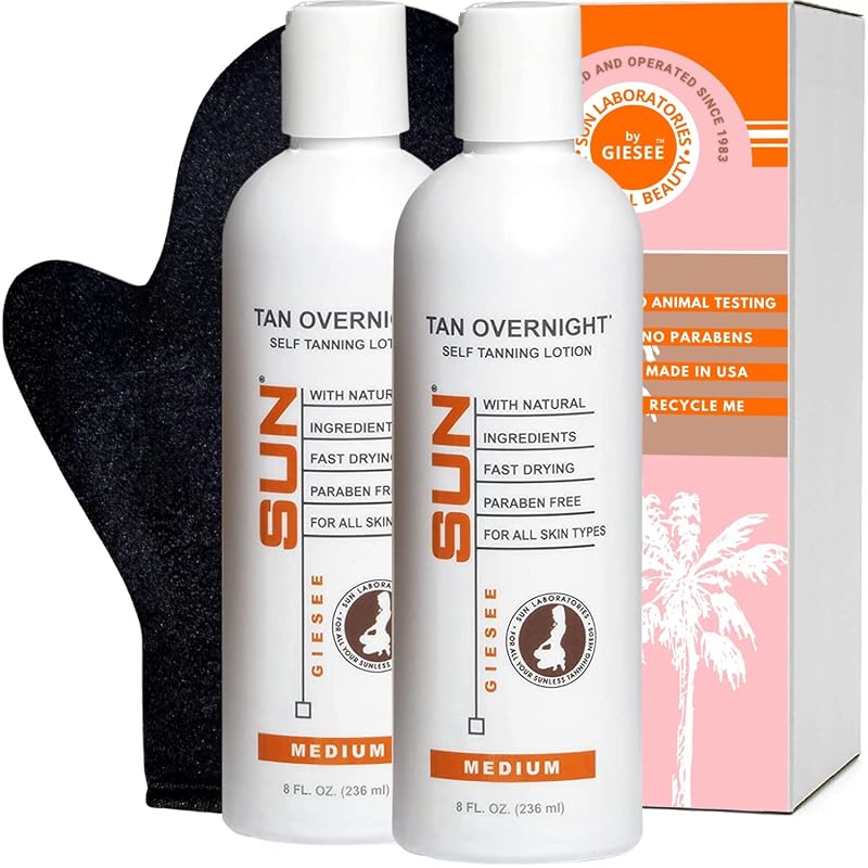 Loção autobronzeadora Sun Laboratories by Giesee Tan Overnight, 2 unidades de 237 mL com luva aplicadora