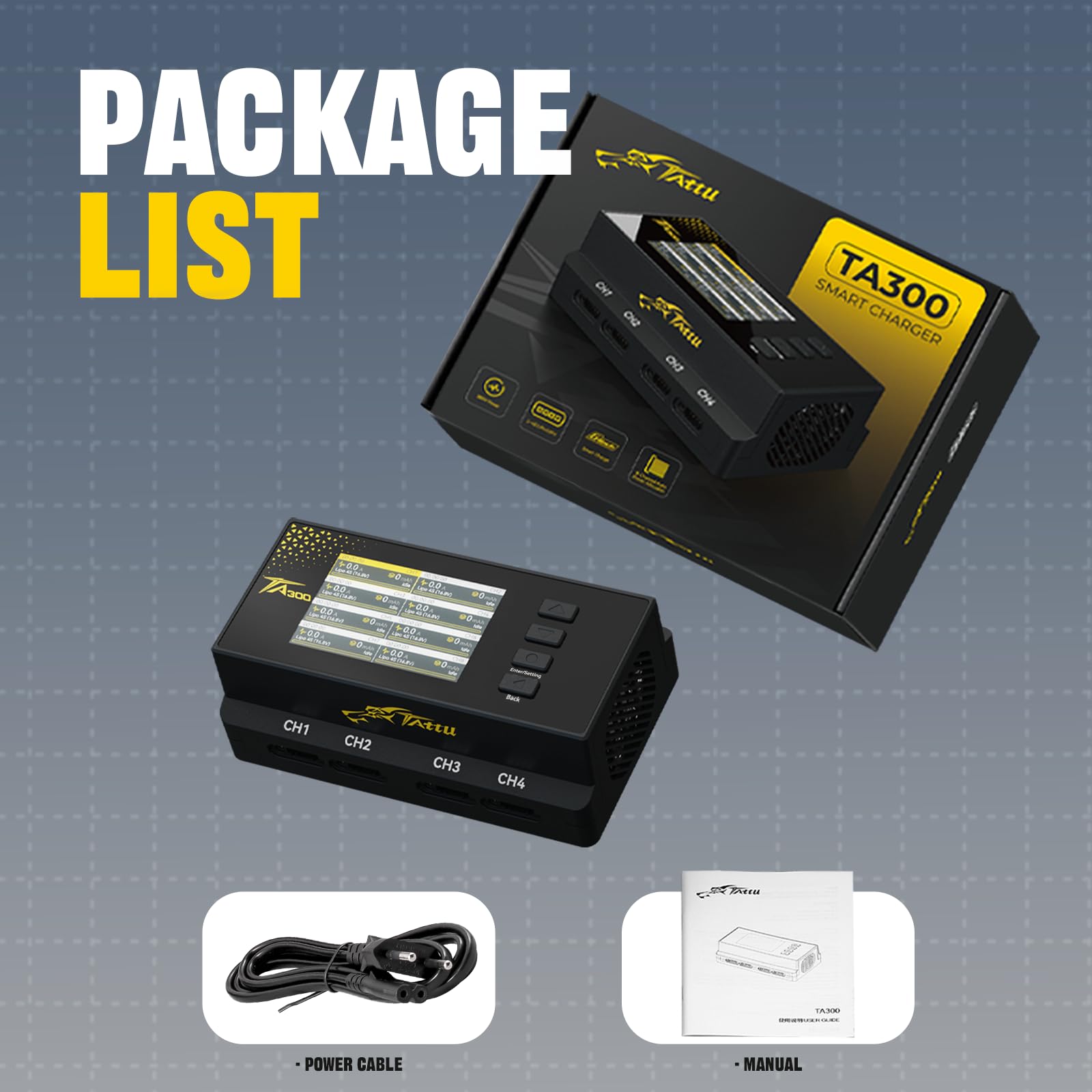 TATTU TA300 Ładowarka LiPo 8-Kanałowa AC/Type-C 60W, Inteligentna Ładowarka do Drone Soccer (Akumulatory 2S 3S 4S LiHV), Niezależne Wyjście 8x30W, Max 2A z Trybem Storage