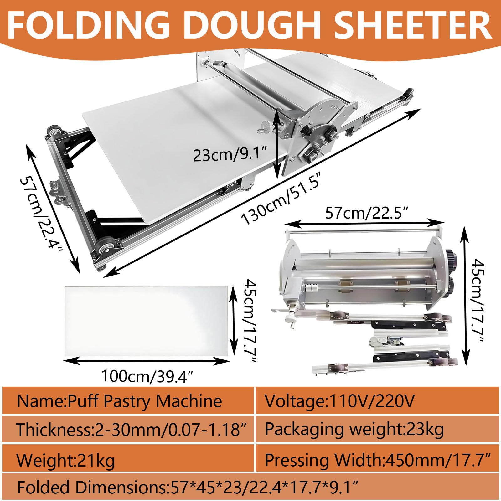 Compact elektrische Dough Rolling Machine, elektrische Foldable Dough Sheeter, Stainless Steel Pastry Roller with Adjustable Thickness 2mm-30mm, Commercial & Home Use