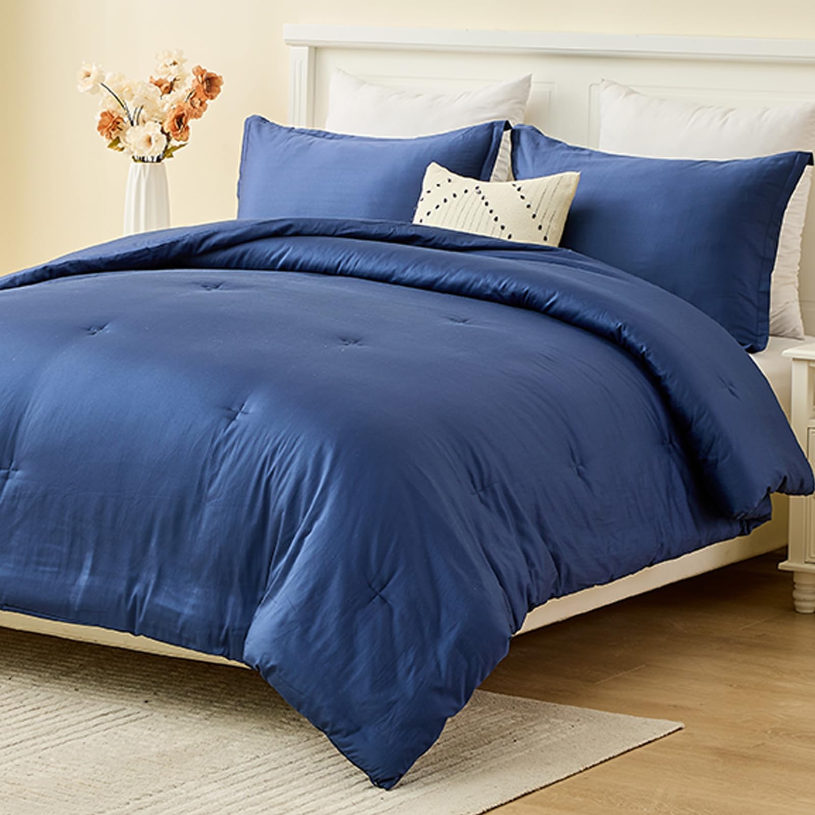 SahSahCasa King Comforter Set, Fluffy Bedding Set, 100% Cotton, Lightweight Quilted Comforter for King Size Bed, 104" x 90", 3pcs, Down Alternative, Navy
