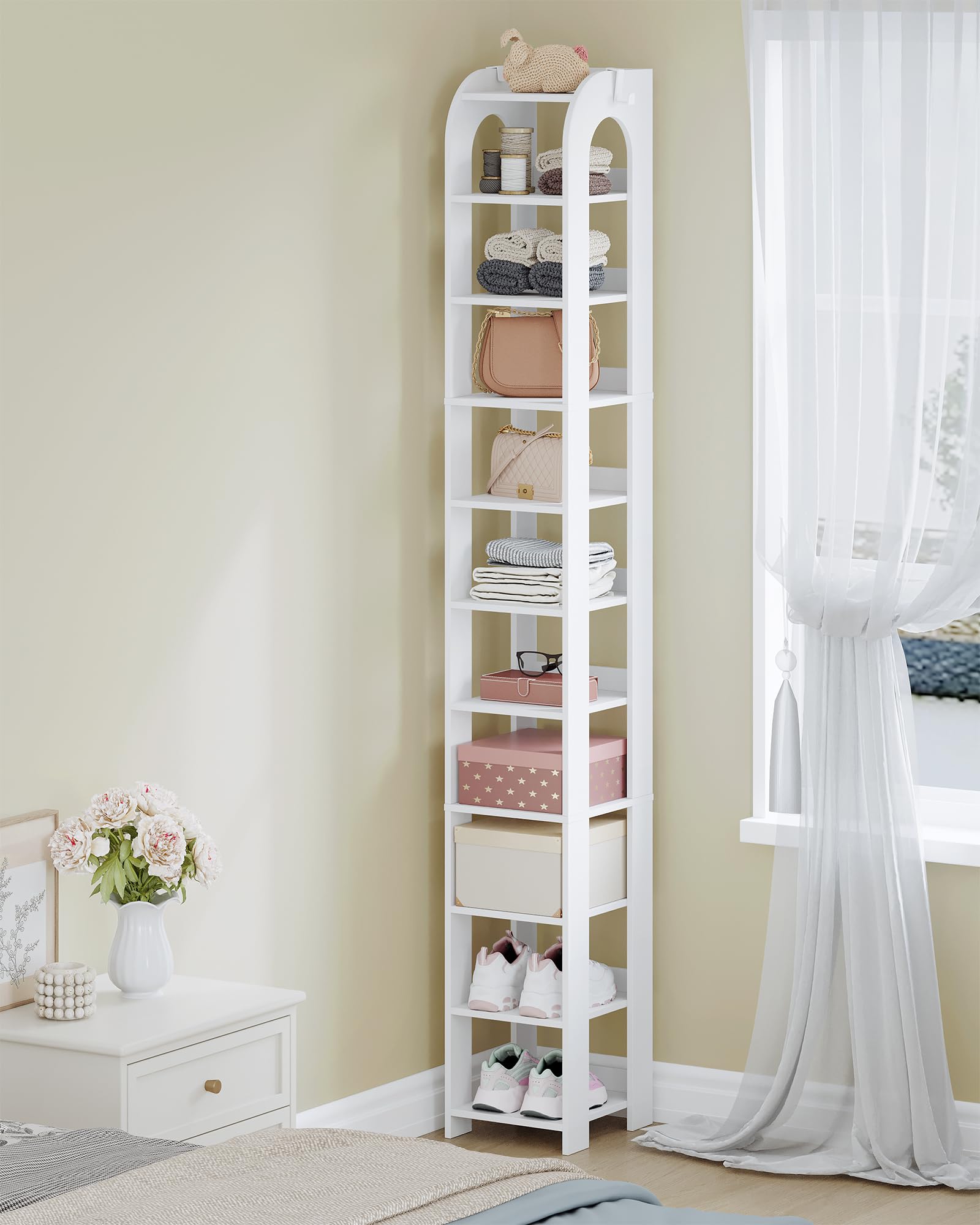 Hzuaneri Scarpiera Verticale, Scarpiera Stretta a 11 Livelli, Scaffale Portascarpe, con Ganci, 29 × 25 ×186 cm, Organizzatore di Scarpe in Legno per Ingresso, Soggiorno, Bianco SR12403X