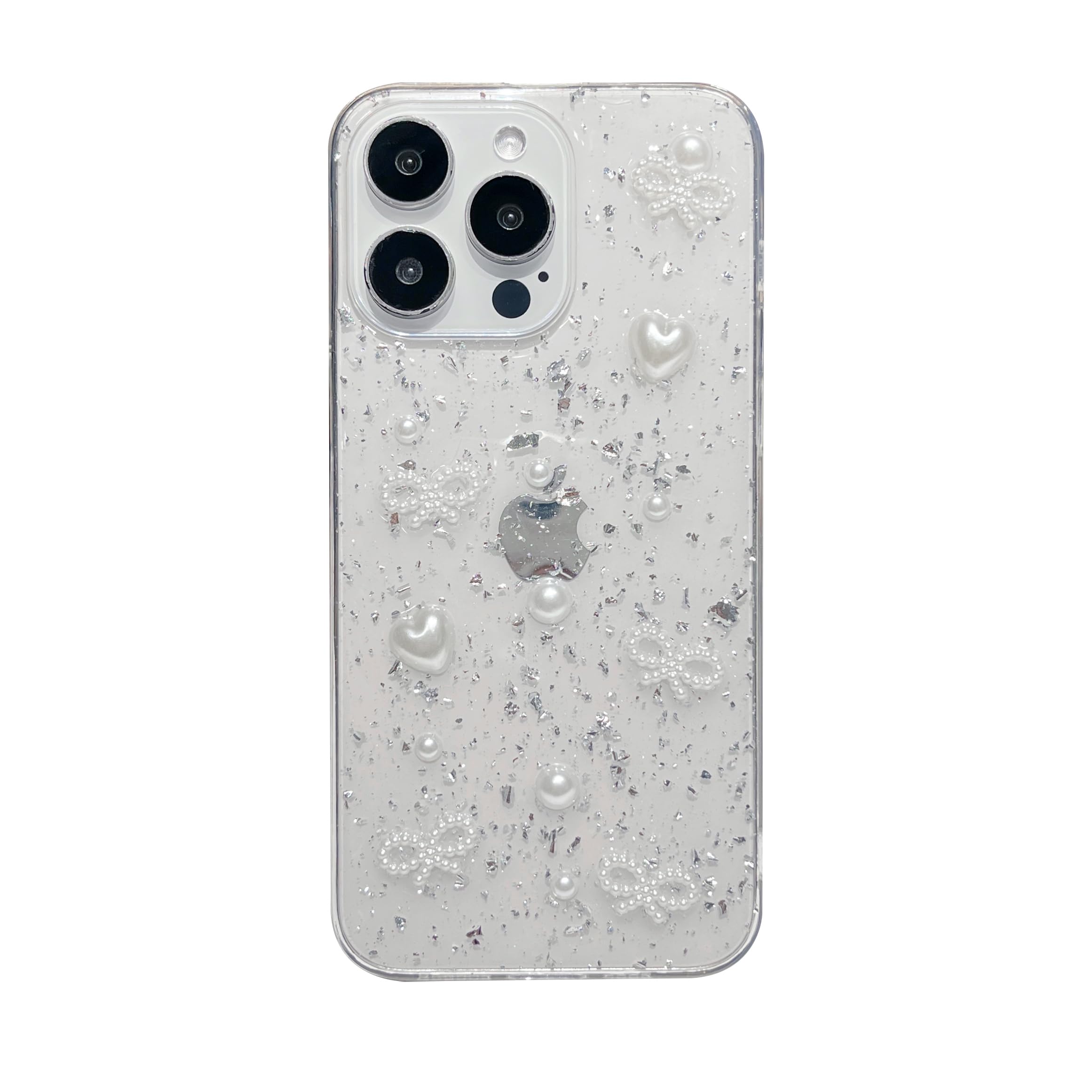 Cute 3D Love Heart Pearl Bow Silver foil Clear Phone Case Compatible with iPhone Case Clear for iPhone