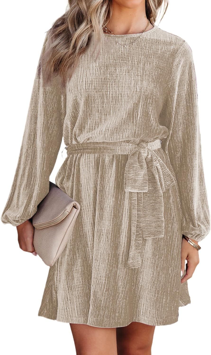 Happy Sailed Women's Velvet Dress Lantern Sleeve High Waist A-Line Skater Cocktail Party Dresses with Belt Business wear