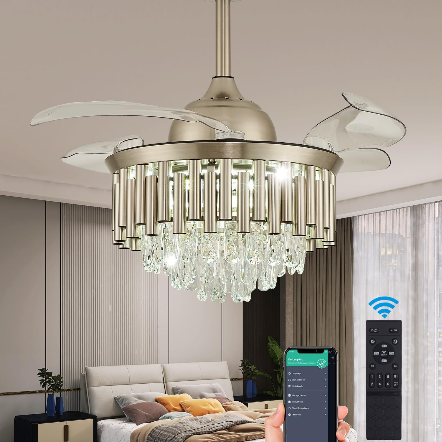 48 inch dimmable crystal ceiling fan retractable fan blade modern fandelier ceiling fans with light, chandelier fan with remote control for bedroom/living room,polished nickel