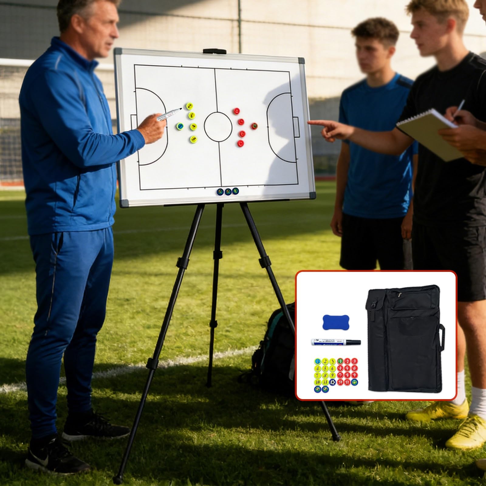 Fußball-Taktiktafeln, Trainer-Klemmbrett für Fußball, mit Stativ und Tragetasche, Glatte Schreibfläche, Beidseitig Nutzbar, Leicht zu Beschreiben und Abzuwischen, Taktikschulung