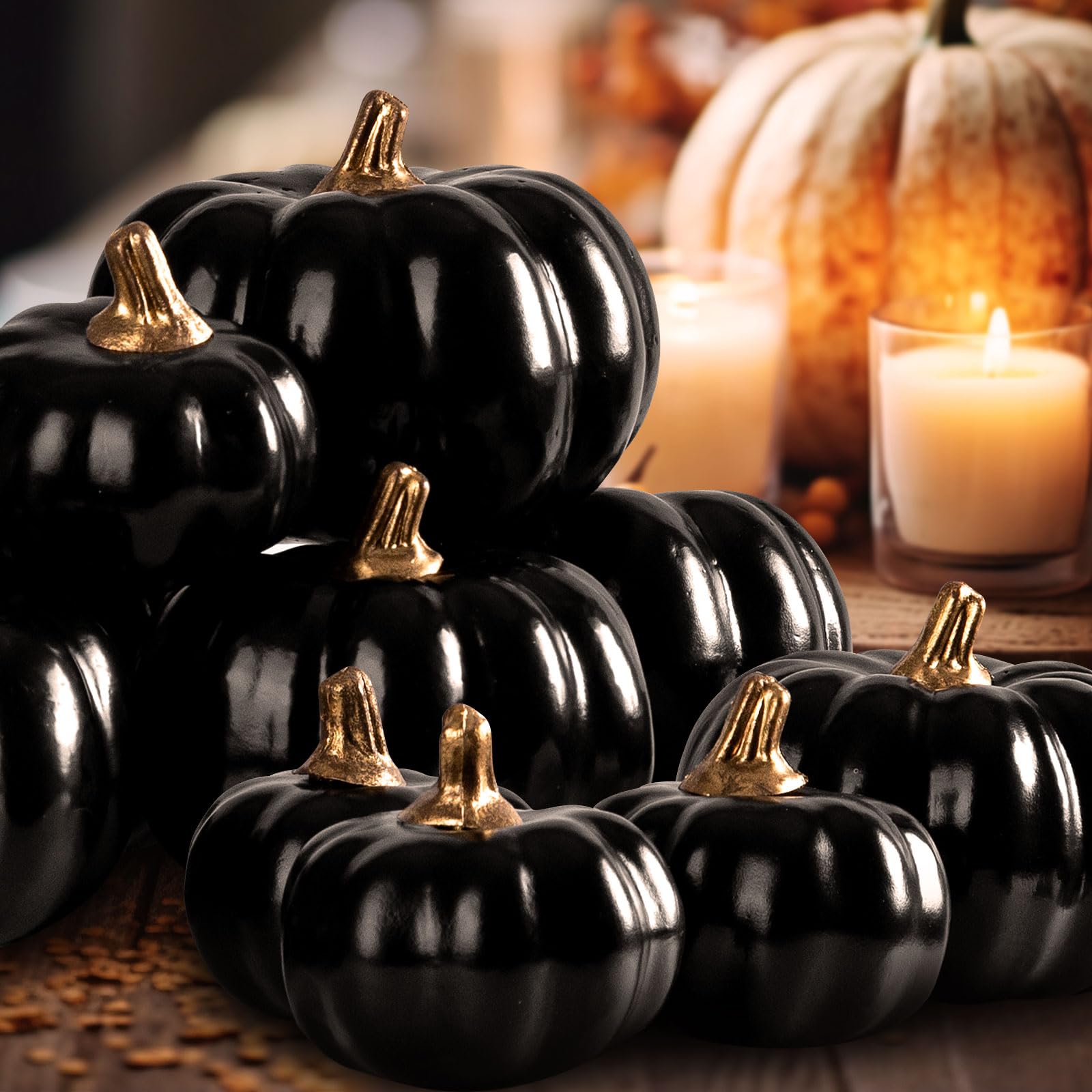 Benjia Kürbis Herbst Dekorationen, Mini Klein Draußen Künstlich Gefälscht Schaum Simulation Kürbis Herbst Bauernhaus Deko für Halloween Thanksgiving Tisch Dekorieren (12 Stück, Schwarz)