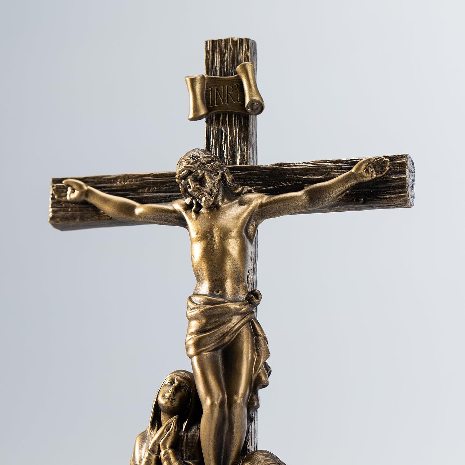DevotedWalls Standing Crucifix Wall Cross, 12" H Crucifixion of Jesus Christ Scene Statue,Catholic Figurine Jesus with Virgin Mary,INRI Cross for Home Altar(Bronze Color)