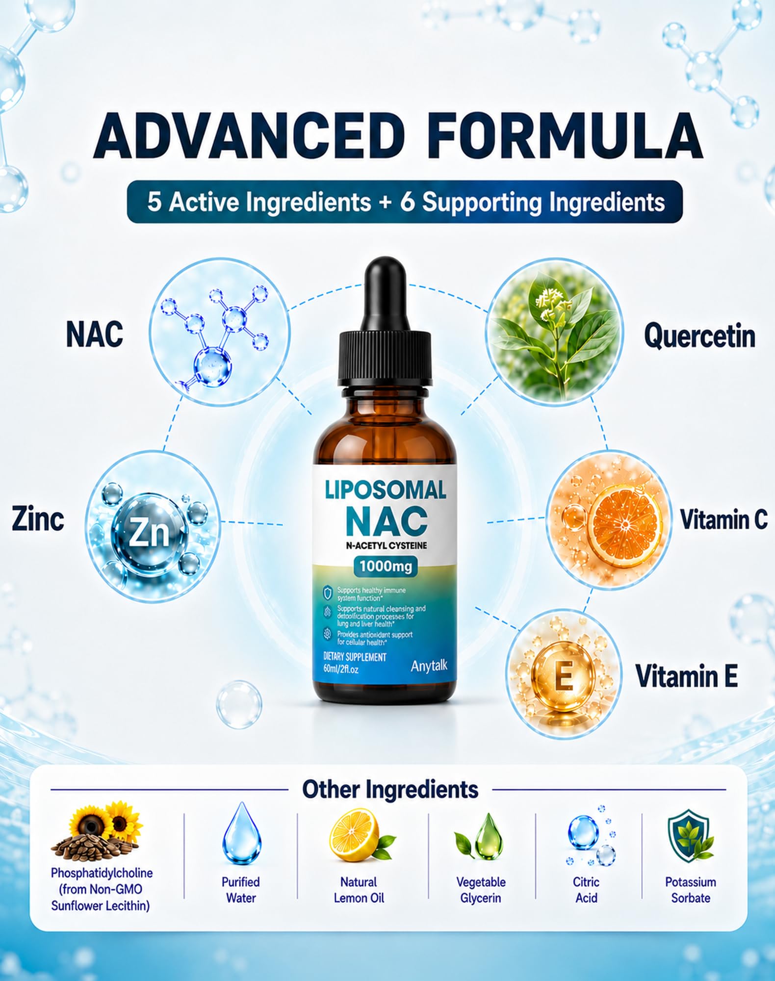 ANYTALK Liposomal NAC Drops – N-Acetyl Cysteine 1000mg Liquid Supplement with Alpha Lipoic Acid, Quercetin & Zinc, Antioxidant, Immune, Liver & Lung Support, Sugar-Free, Adults & Kids — Amazon image 3
