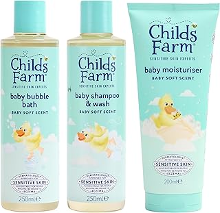 Childs Farm Baby Regime Bundle | Bubble Bath (250ml), Shampoo & Body Wash (250ml) and Body Moisturiser (200ml) | Baby Soft Scent | Suitable for Newborns with Sensitive, Dry, Itchy Skin