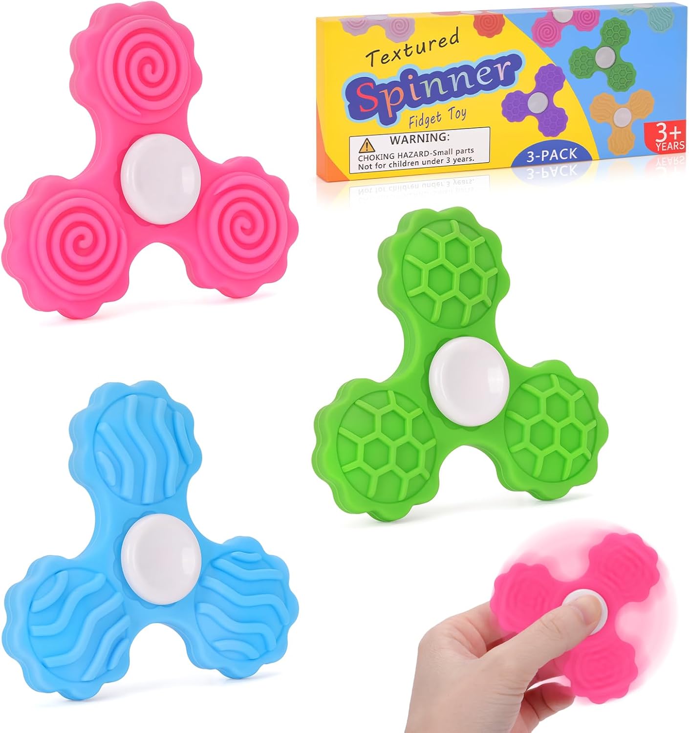 3 PCS Silicone Fidget Spinners, Sensory Toys for Adults and Kids, Textured Spinners for Fun Autism Anxiety Stress Relief Classroom Office and Travel (Multicolor-1)