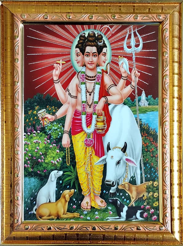 Art Lord Dattatreya Religious Photo frame Zari Shining Print Golden Frame without glass