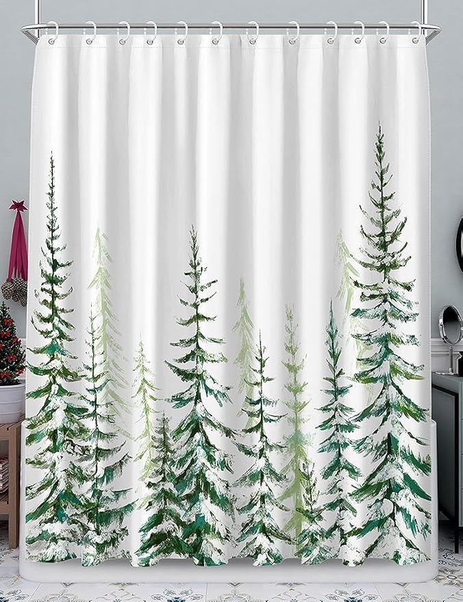 Christmas Shower Curtain for Bathroom Green Tree Farmhouse Rustic Modern White Snow Landscape Cloth Bathroom Curtain Sets with Hooks 72X72 inch