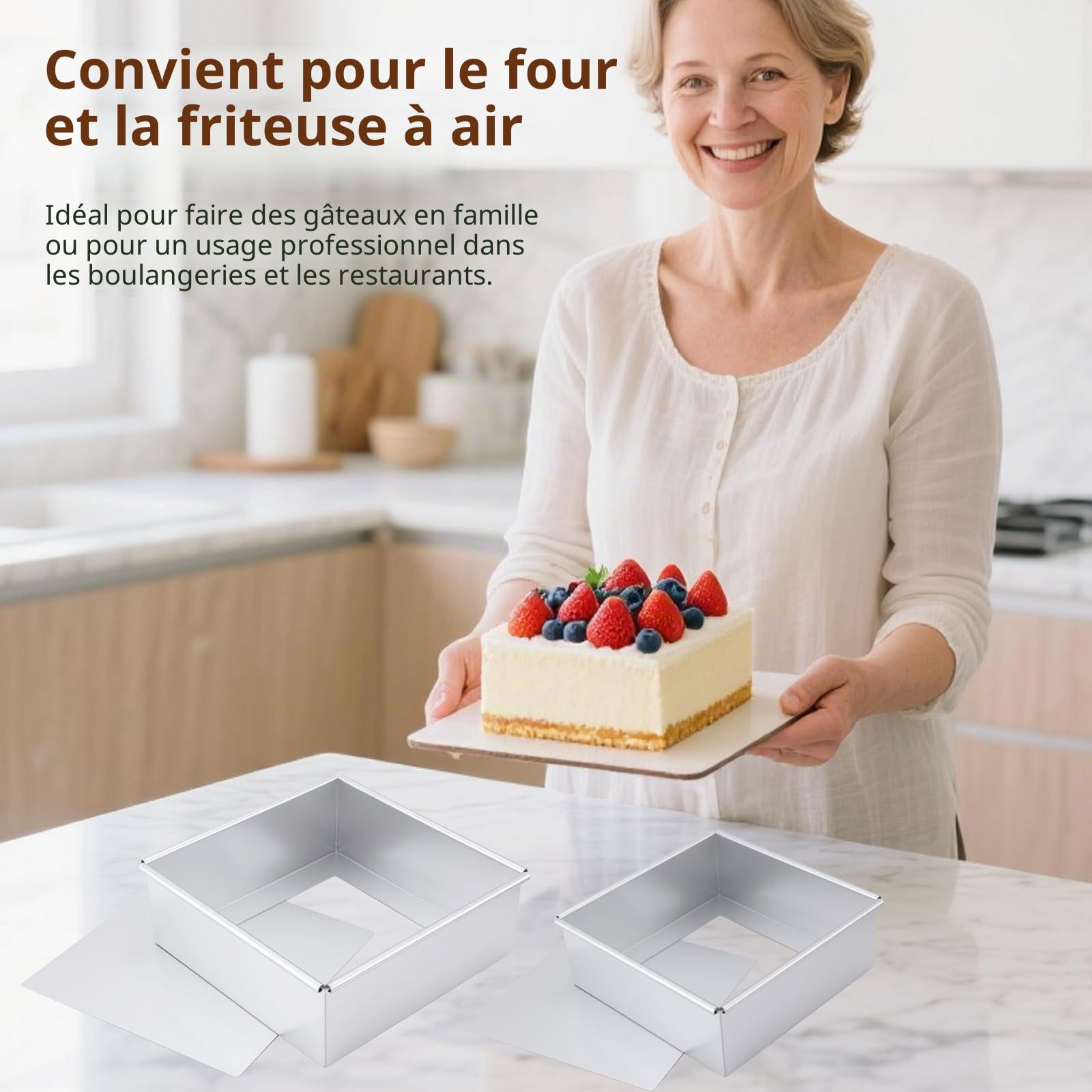 Moule à Gâteau Carré 21,8 x 21,8 cm, aluminium anodisé, Plat à Gateau Avec Fond Amovible, Idéal pour la Cuisson de Gâteaux et Tartes, Argent
