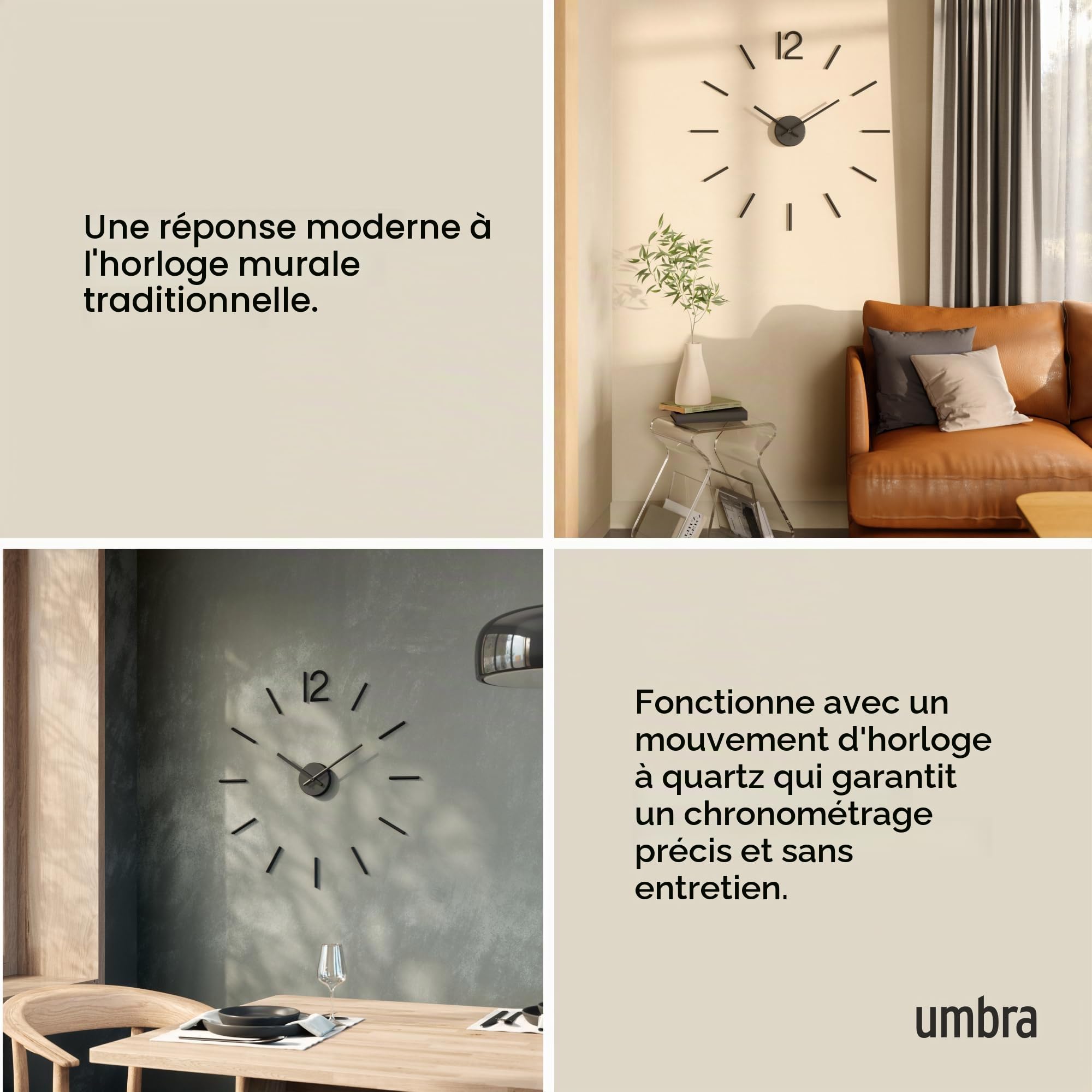 Umbra Blink Clock. Horloge silencieuse Blink, en métal Noir, Dimension Totale au Choix en Fonction de la Position souhaité des indicateurs. Au Moins 35cm de diamètre.