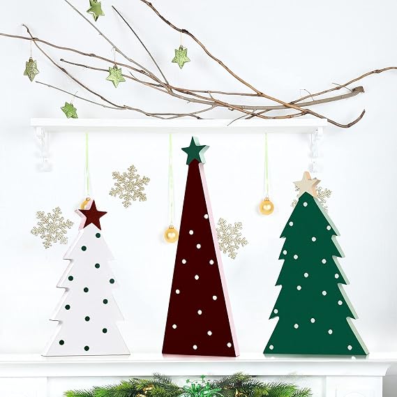 Maitys 3 Pcs Wooden Christmas Tree Tabletop Decor Standing Wooden,Classic