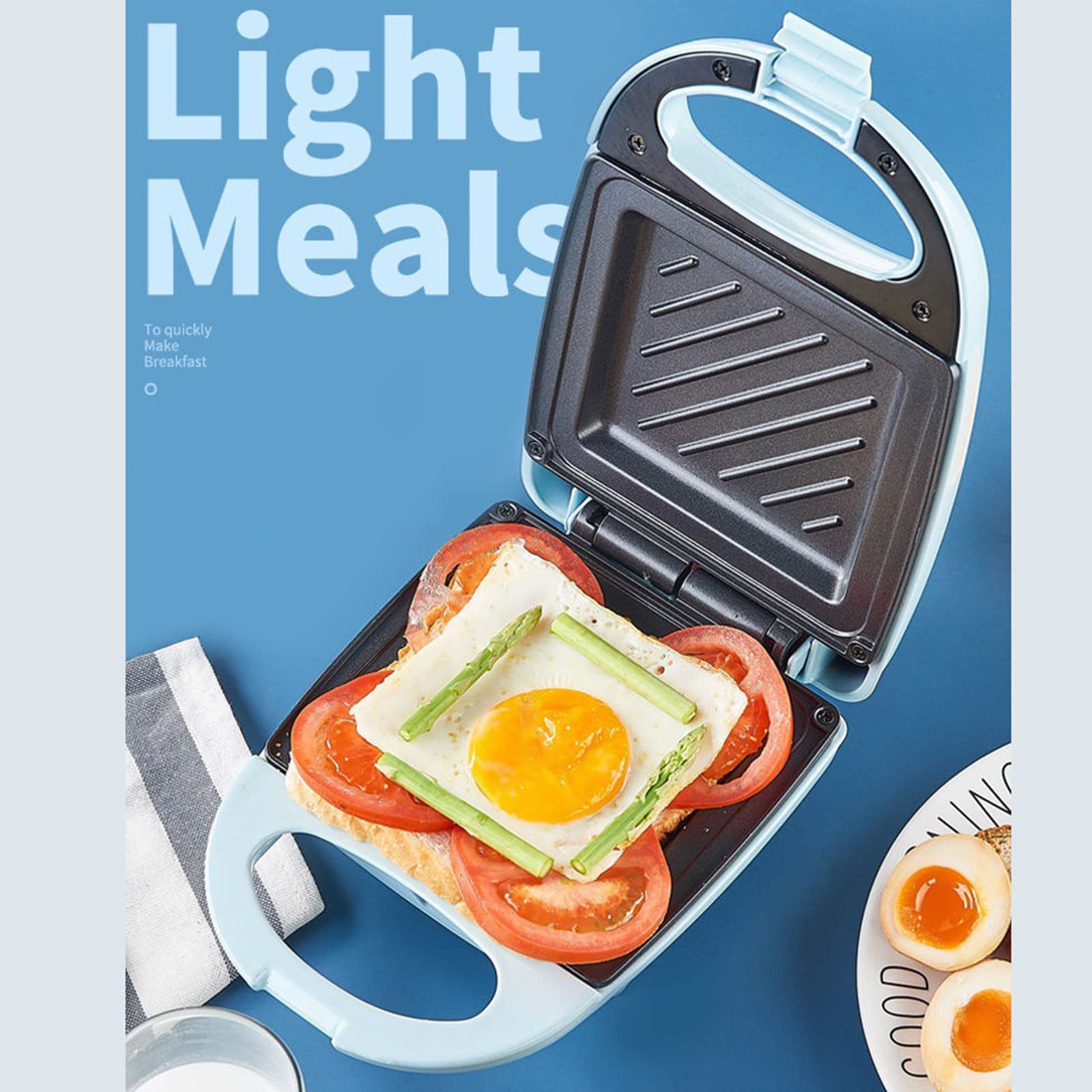 Sandwichera de pan Mini comida ligera Waffle Muffin Máquina de desayuno Huevo Tortilla Pan Tostadora a presión Parrilla Panini Horno Calentador,Blue