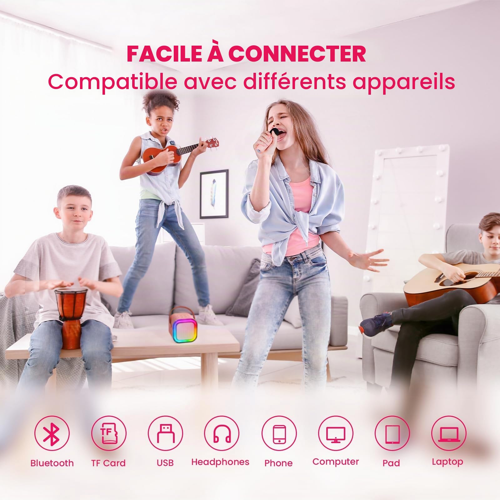 Micro Karaoke Enfant IROO Karaoke Enfant avec 2 Microphones, Microphone pour Filles Cadeaux pour Enfants Enceinte Bluetooth Portable avec Effets de Changeur de Voix et Lumières LED (Rose)