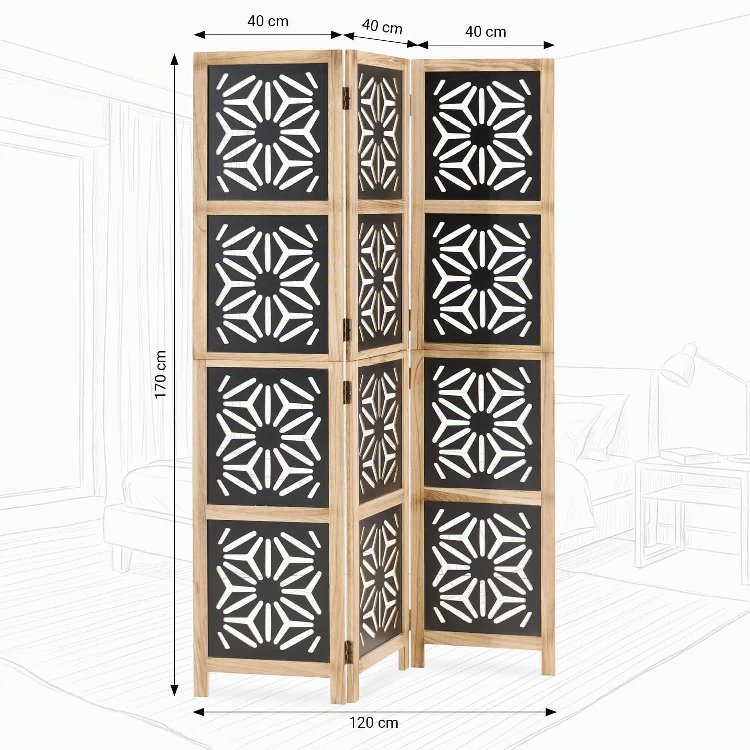 Homestyle4u 2015 Paravent en bois naturel noir naturel 3 pièces Brise-vue