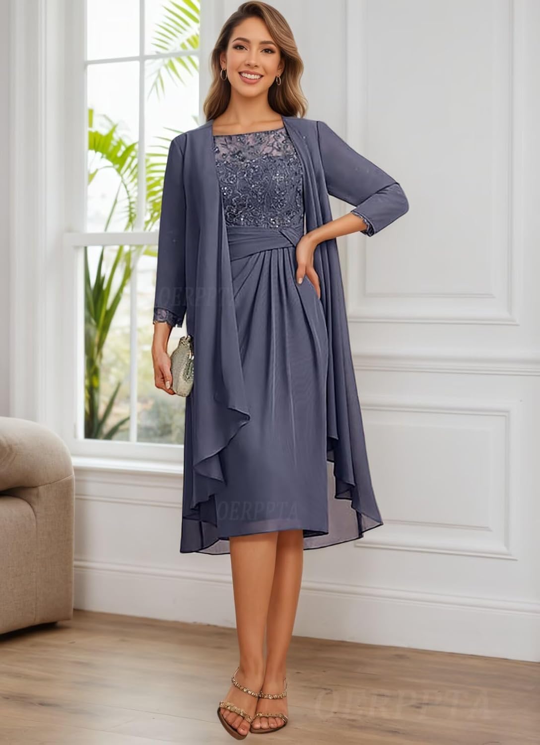 2 Pieces Mother of The Bride Dresses for Wedding Lace Applique Chiffon Knee Length Formal Dresses for Women with Jacket - Image 5