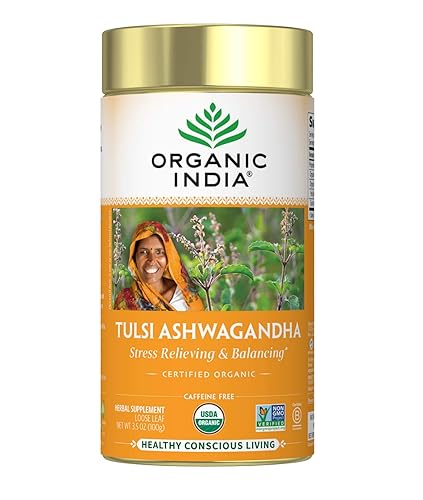 Organic India Tulsi Ashwagandha - Té de hierbas para aliviar el estrés y equilibrio, apoyo inmunológico, adaptógeno, vegano, sin gluten, certificado