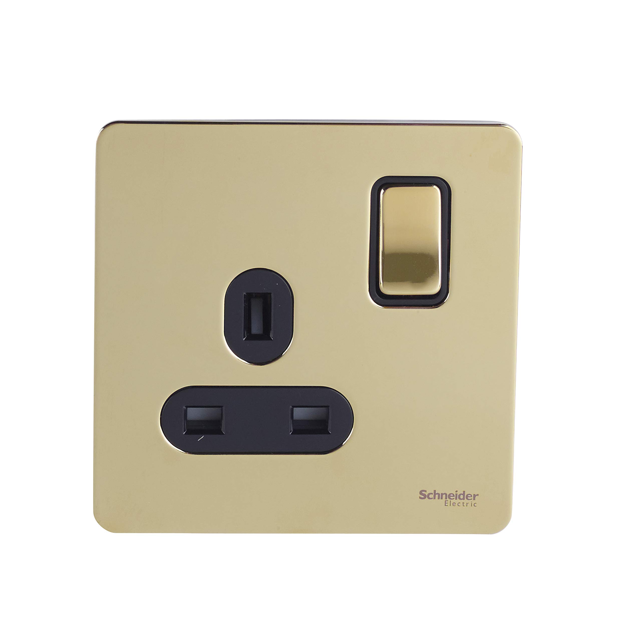 Schneider Electric Ultimate Screwless Flat Plate - Single Switched Power Socket, Double Pole, 13A, GU3410DBPB, Polished Brass with Black Insert, 1 Gang — image 1
